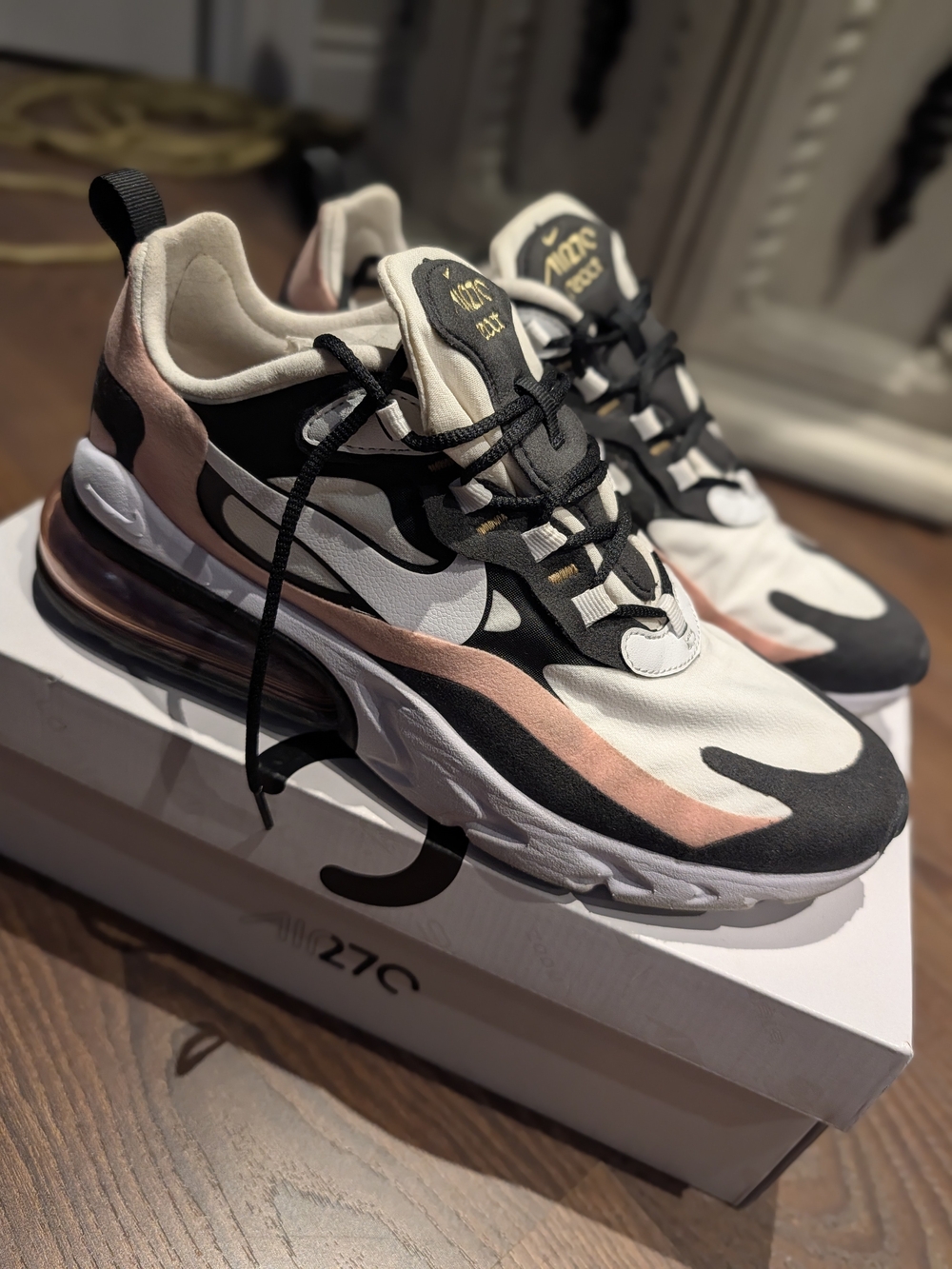 Nike Women’s Air Max 270 React Sneakers in White, Black & Coral